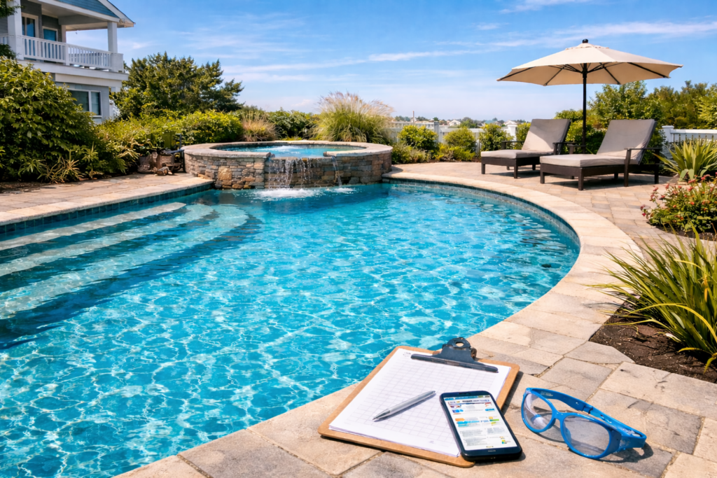 Crystal clear swimming pool with waterfall and contact clipboard for pool service inquiries in Cape May County NJ